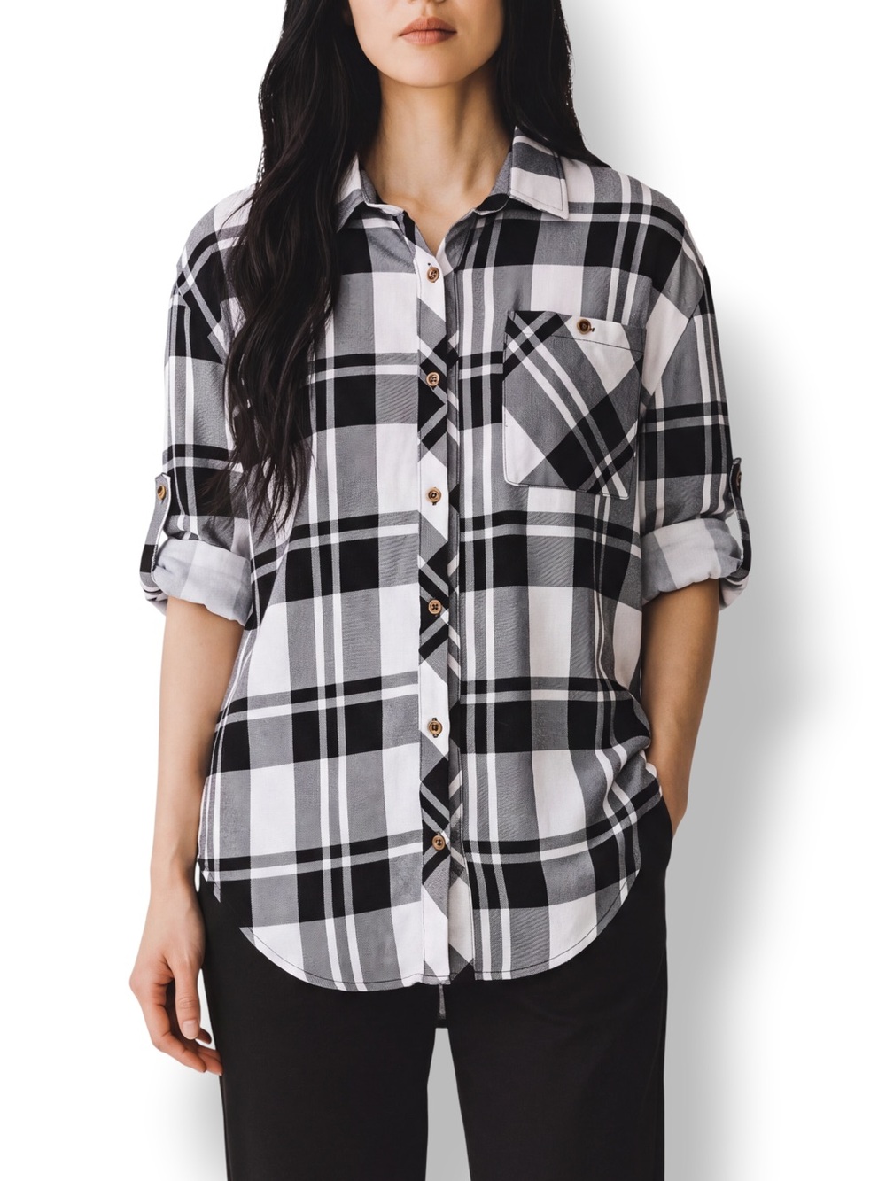 4/$20 Eden & Olivia Black White Plaid Button Down Tunic Shirt Size M